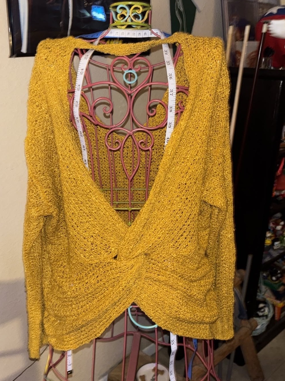 Open-Front Mustard Yellow Knit Twist-Front Sweater/pit to pit 20 inches